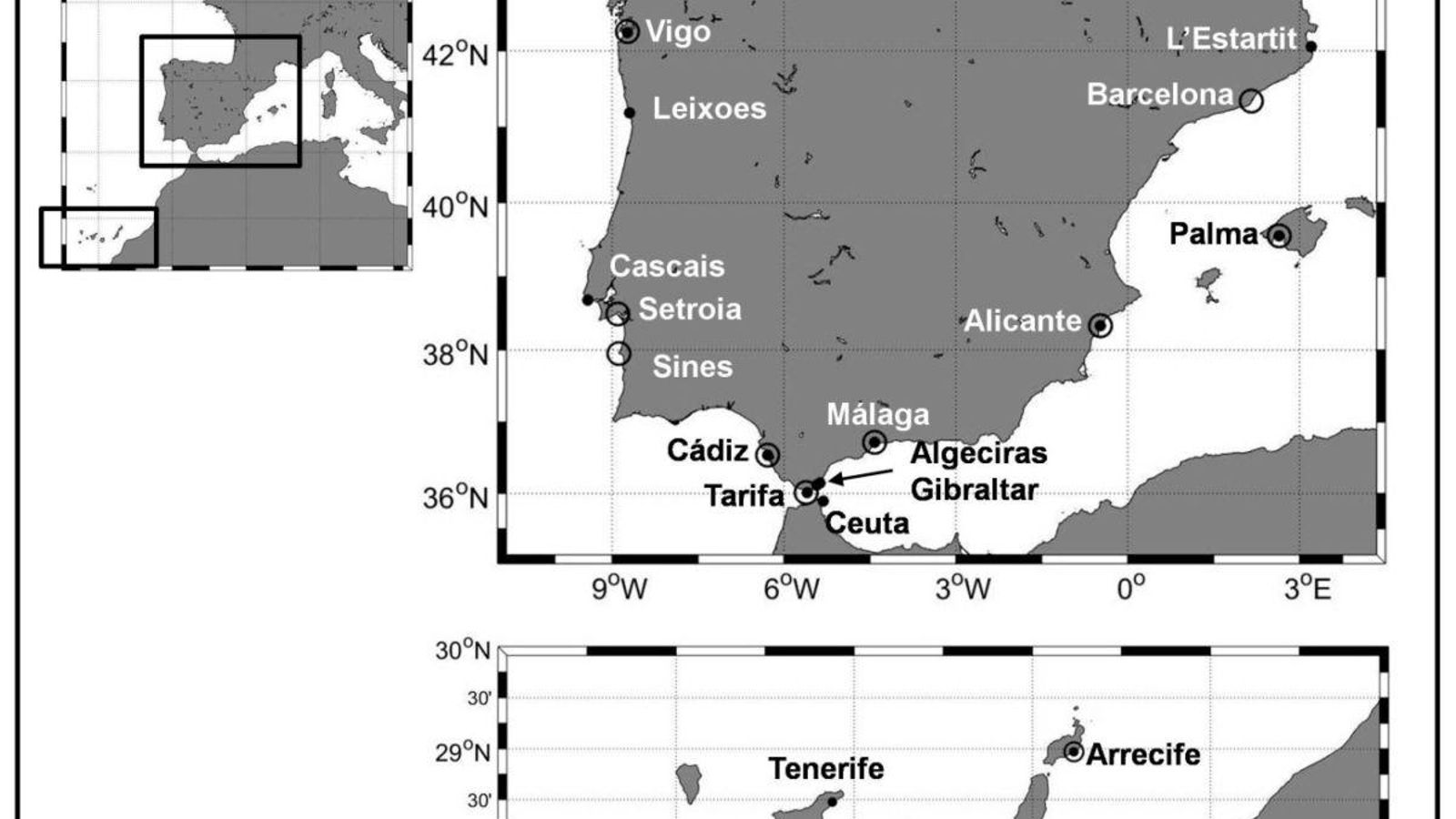 El mapa del estudio del IEO, con los puntos destacados por la subida del nivel del mar.