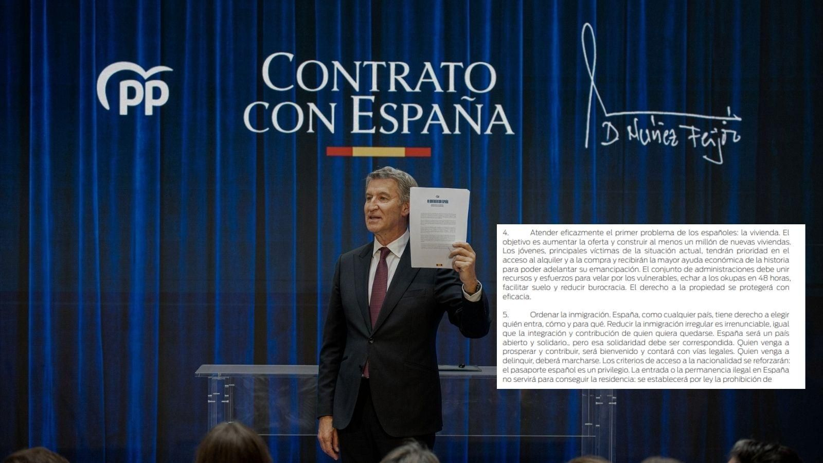 Alberto Núñez Feijóo muestra su contrato con España.