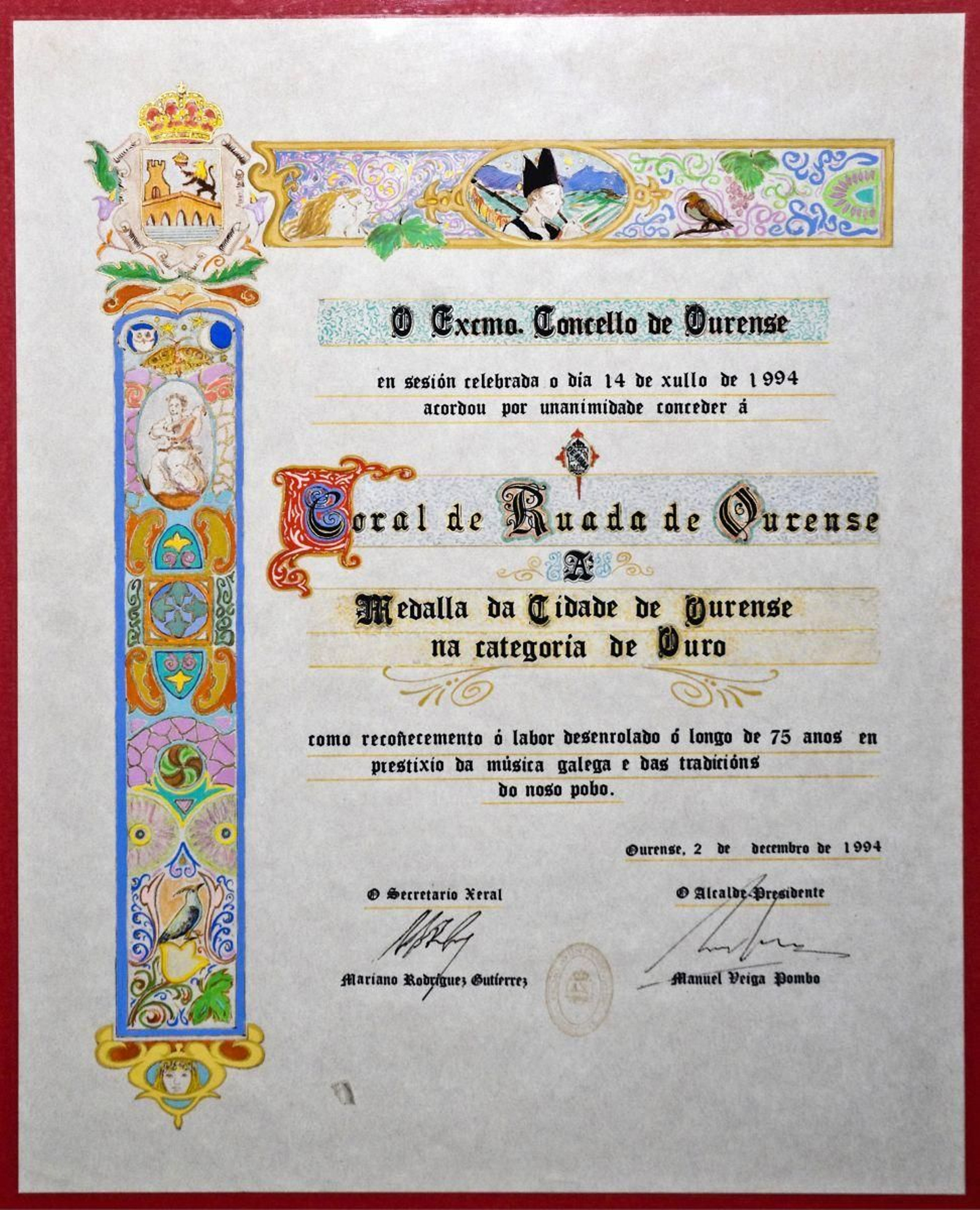 Diploma acreditativo da concesión da Medalla de Ouro da cidade de  Ourense á Coral De Ruada en 1994.
