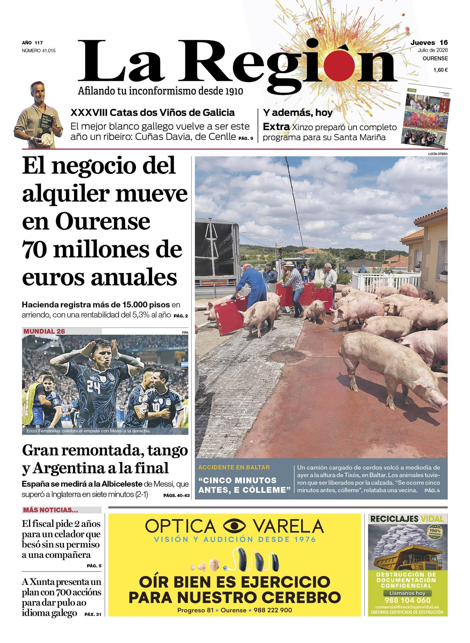 La portada de La Región de este jueves.