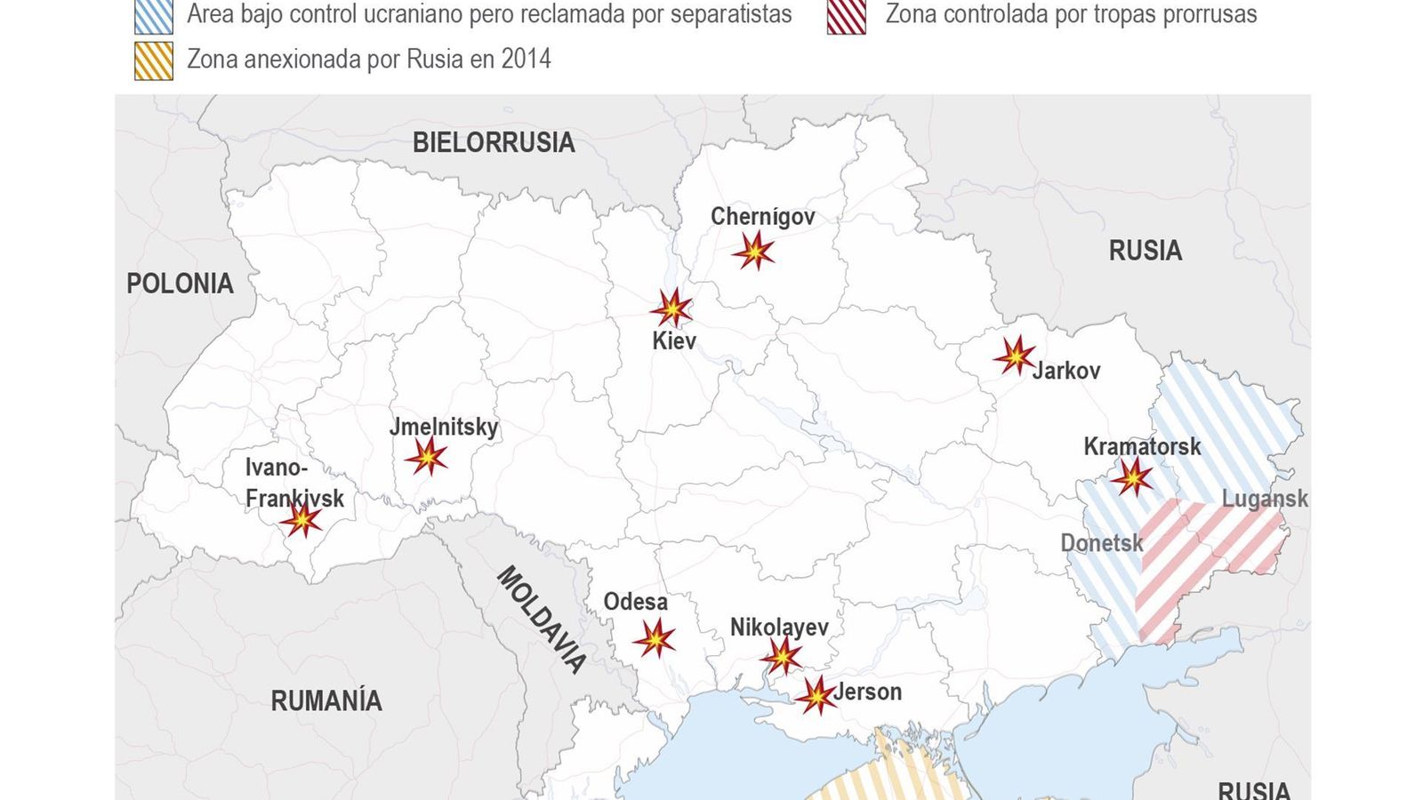 El mapa de la ofensiva rusa contra Ucrania.