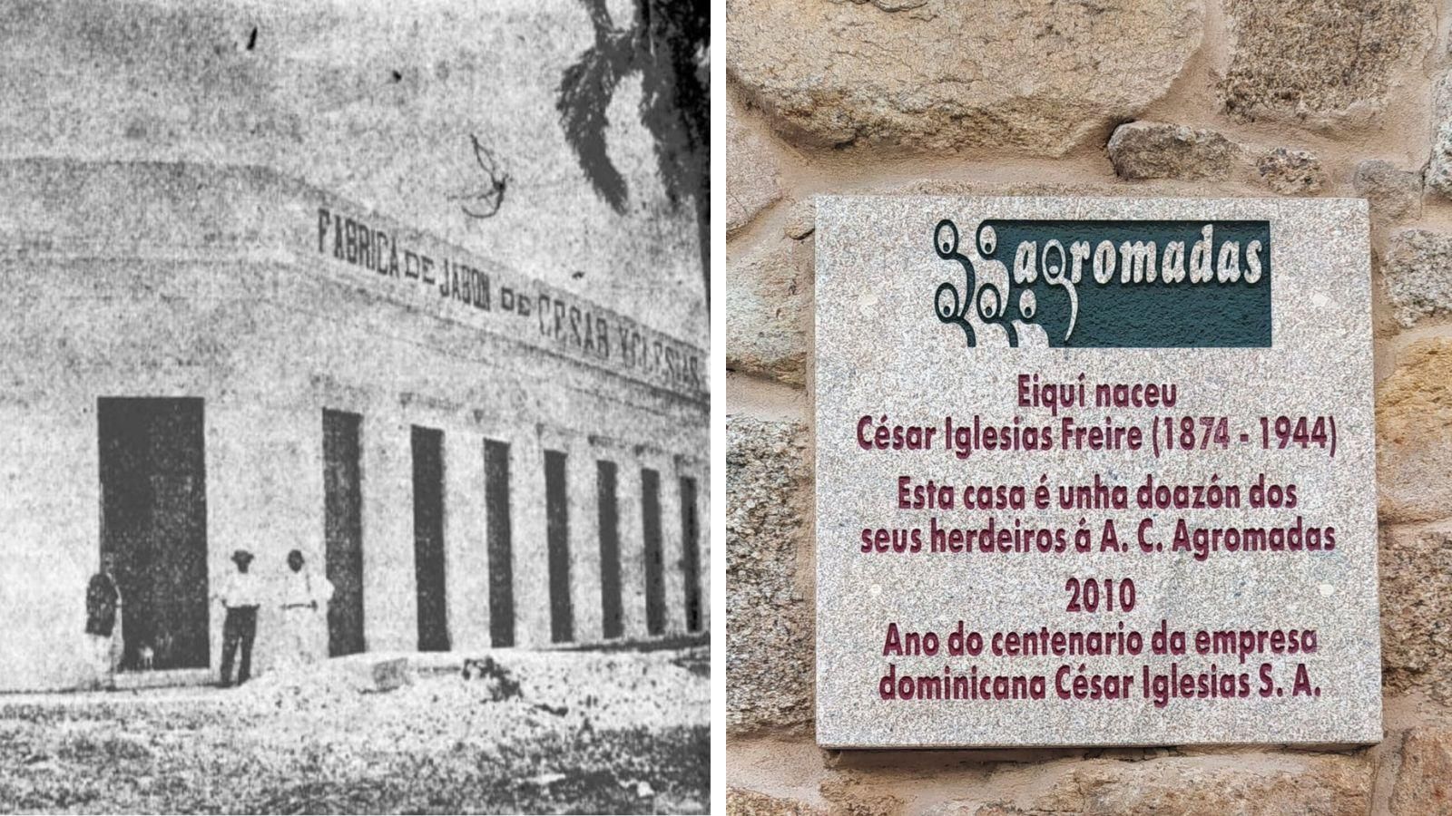 Primeira fábrica de xabón e placa que lembra a doazón da casa de Seixalbo.