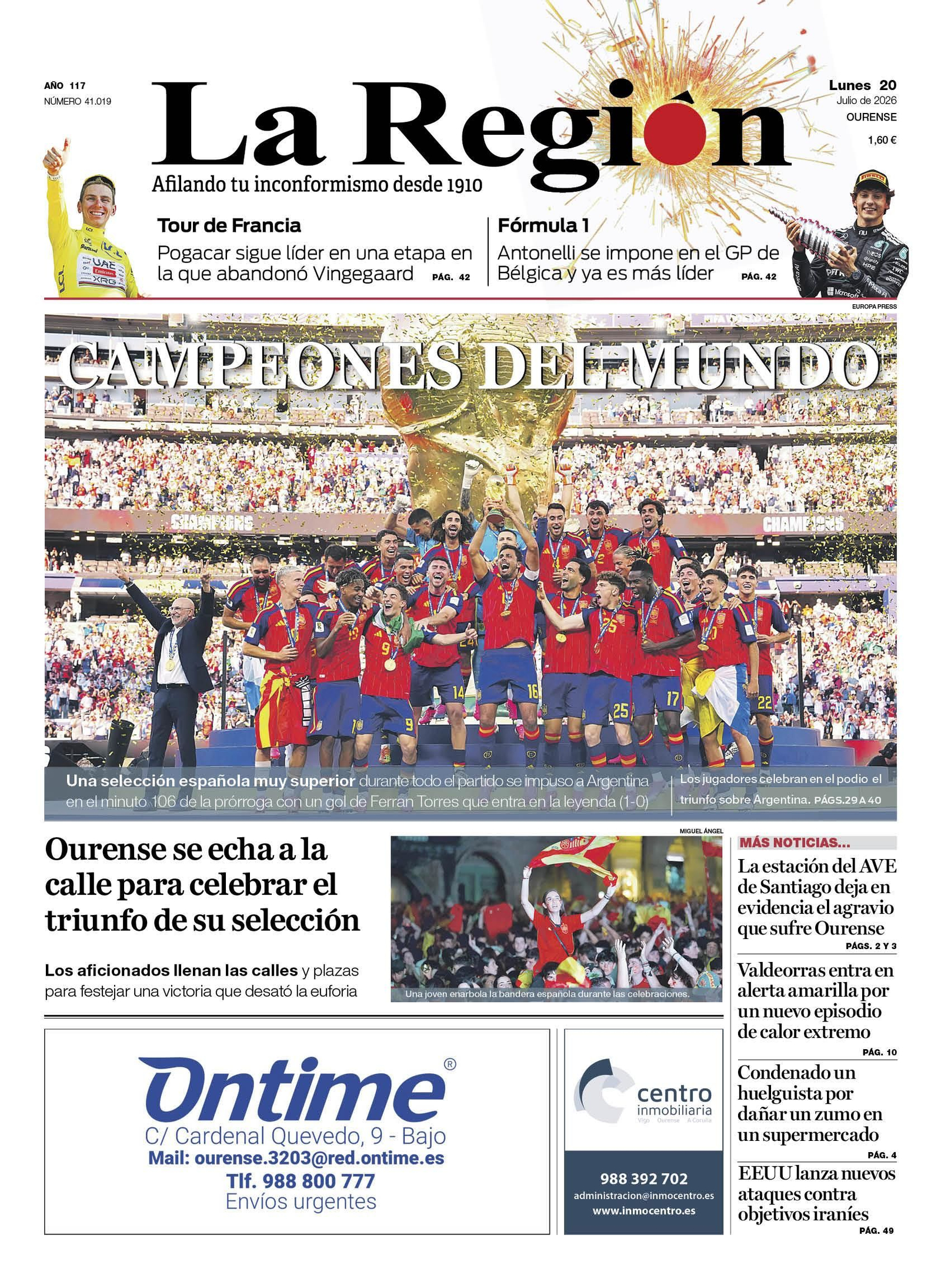La portada de La Región de este lunes.