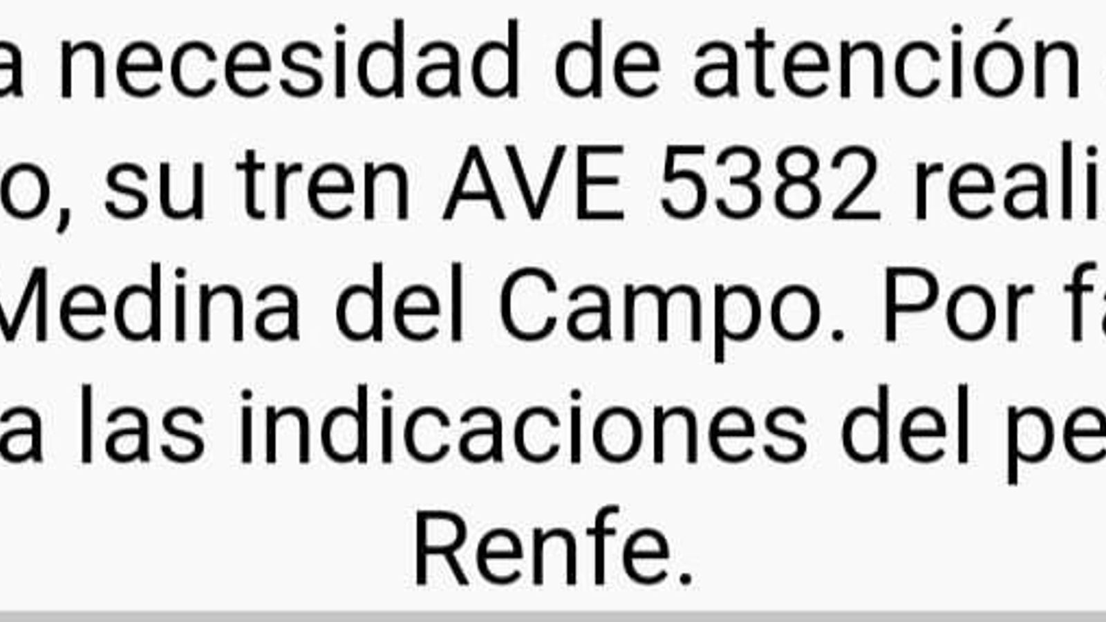 Mensaje que Renfe envió a los pasajeros del tren.