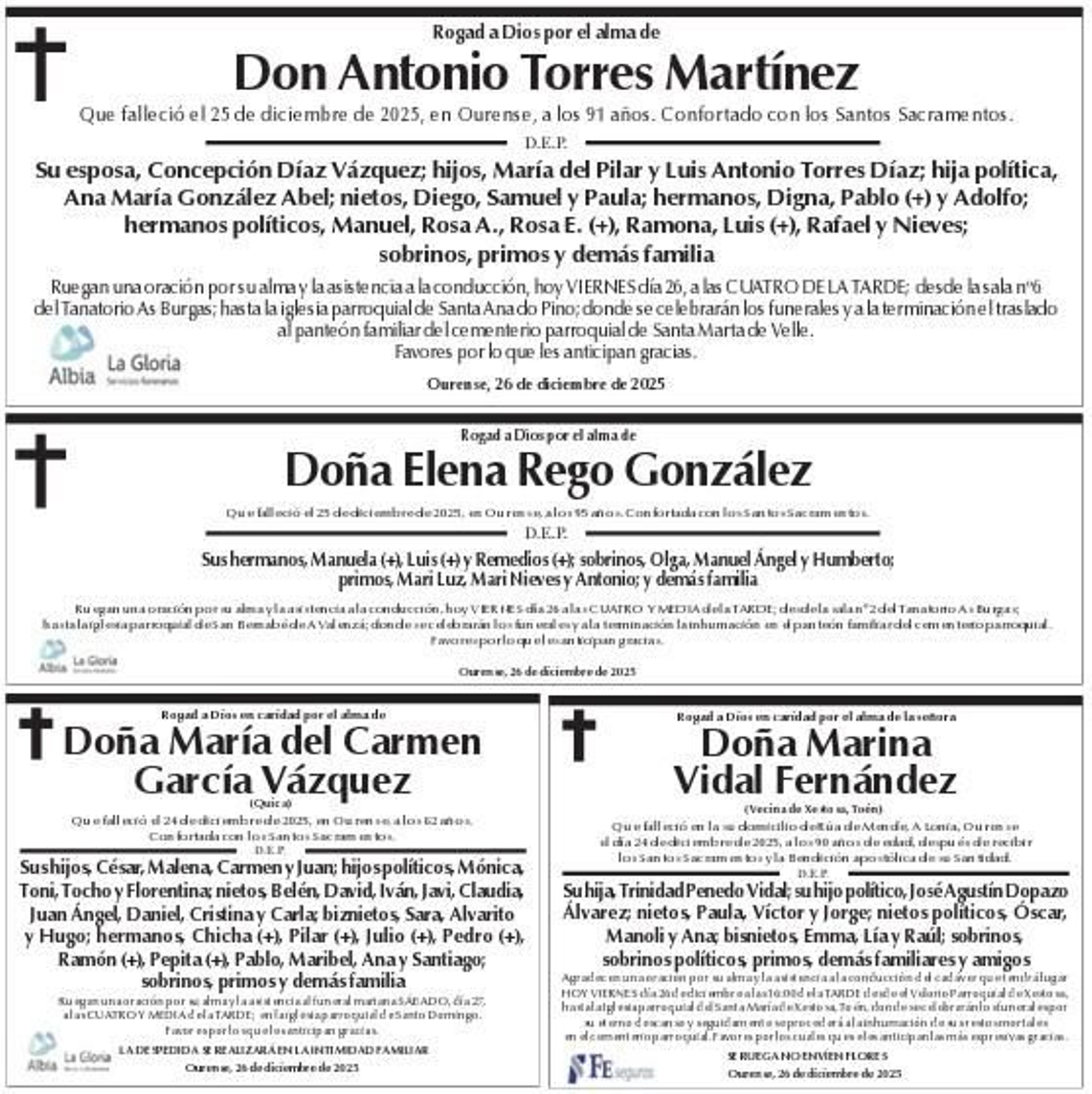 Esquelas viernes 26 de diciembre