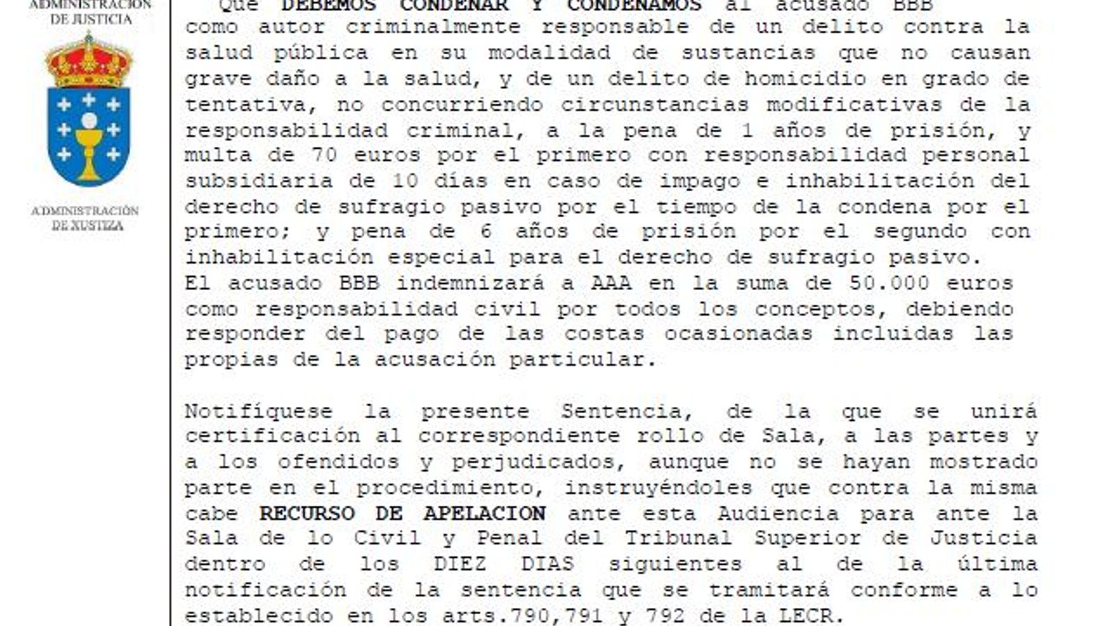 Captura de la sentencia contra Ismael P.M. por acuchillar a un joven que quería comprarle hachís en Ourense.