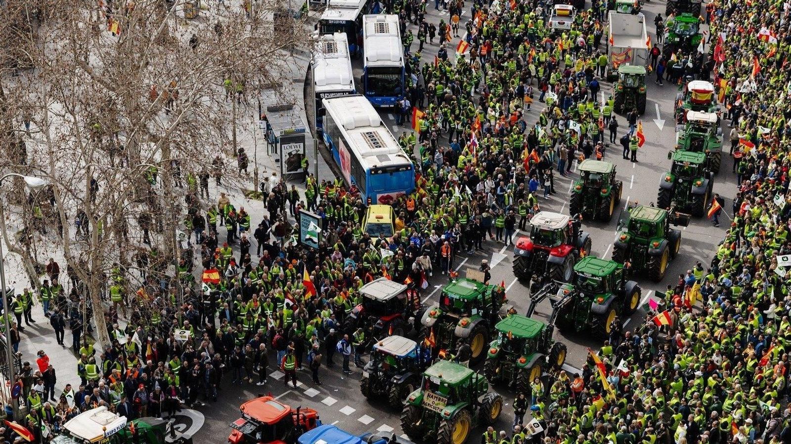 Cientos de agricultores reciben a los primeros tractores en la Puerta de Alcalá de Madrid en la decimosexta jornada de protestas (foto: E.P.)