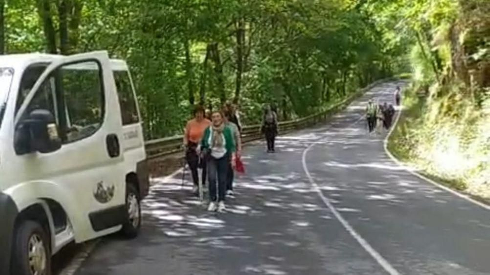 Peregrinos caminando por la calzada en la OU-212 entre Beade y Caldelas.