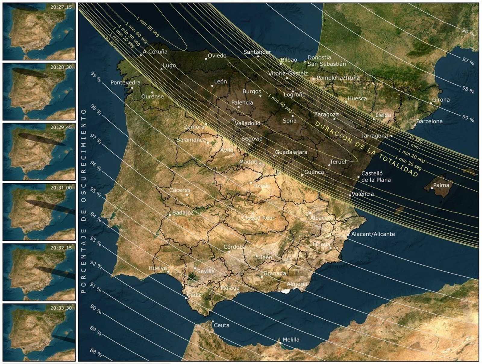 Mapa del Instituto Geográfico Nacional que destaca la “franja de totalidad”, que es la zona donde se ve el eclipse total y el porcentaje de ocultación en el resto de la península.