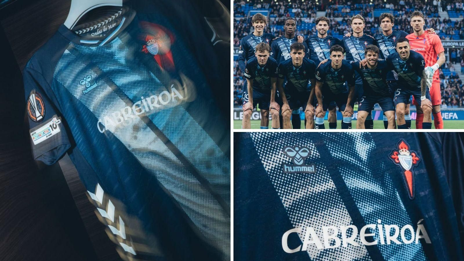 Camiseta del Celta con el patrocinio de Cabreiroá para el partido ante el Olympique de Lyon, sustituyendo temporalmente a Estrella Galicia por la normativa francesa.