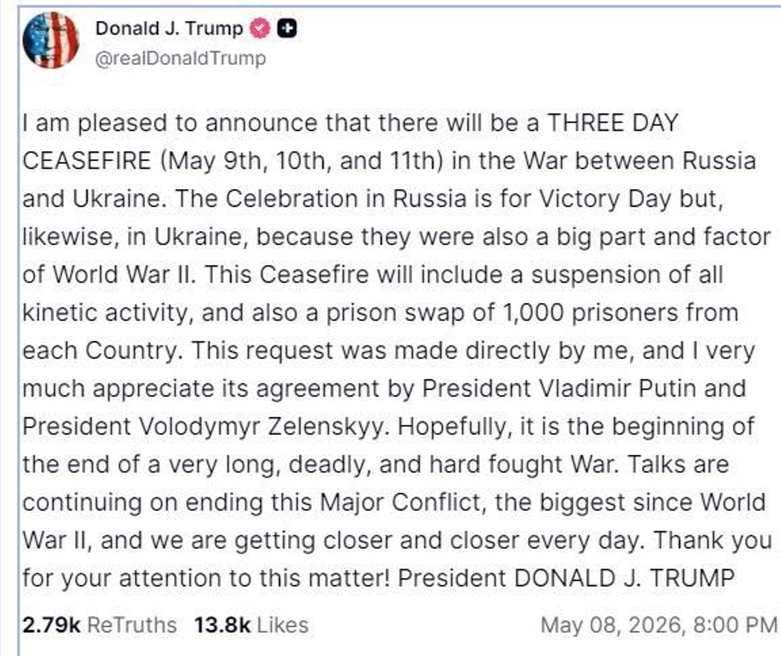 Publicación de Donald Trump anunciando el alto al fuego de tres días entre Ucrania y Rusia.