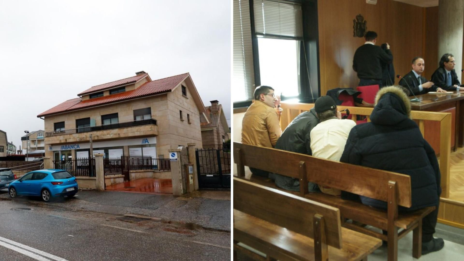 A la izquierda, la sucursal atracada ayer en Coruxo. A la derecha, los dos detenidos en el último juicio en 2016 por un atraco junto a otros de la banda.