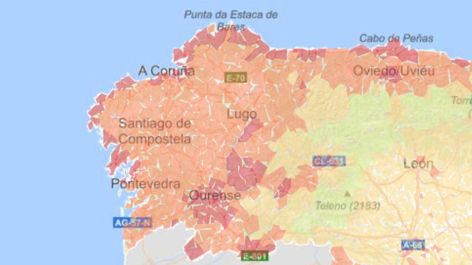 El mapa de las zonas de riesgo de Rhipicephalus, una de las especies de garrapata más extendidas en Galicia.