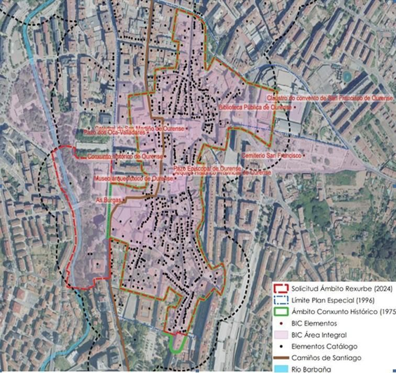 Mapa del ámbito incluido en el Área Rexurbe de Ourense, que abarca el Casco Vello y el entorno de las Burgas y el río Barbaña.