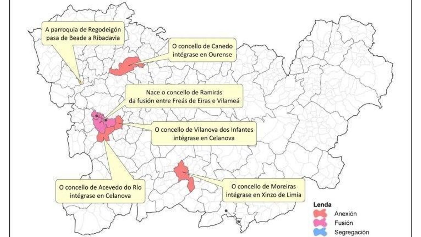 Anexiones y fusiones en la provincia de Ourense.