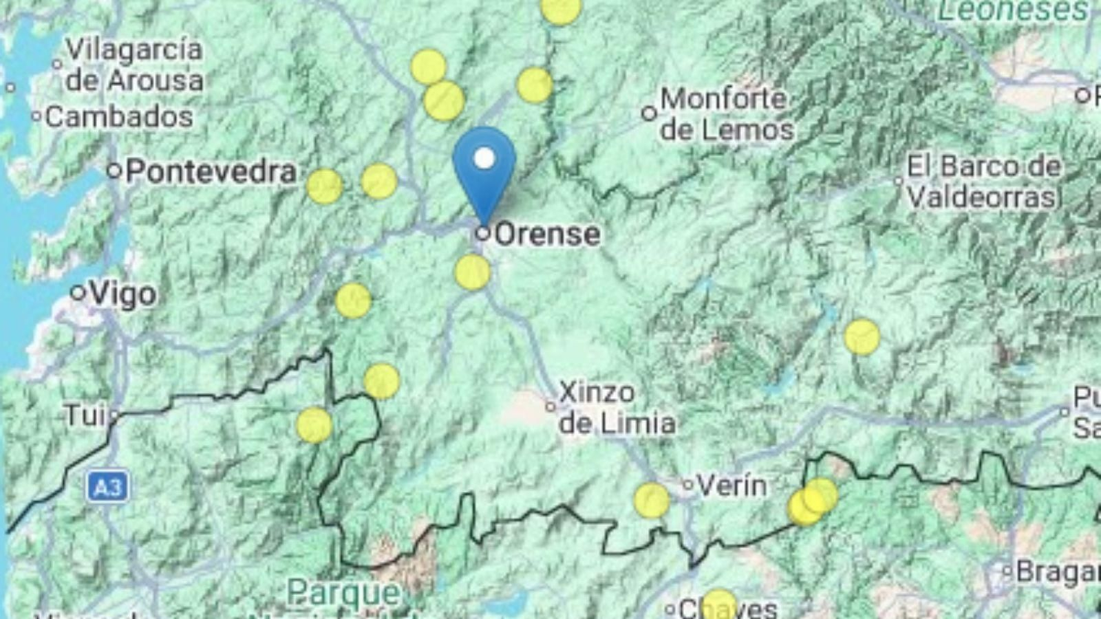 Mapa con los distintos epicentros registrados en la provincia de Ourense y su entorno en los últimos días.