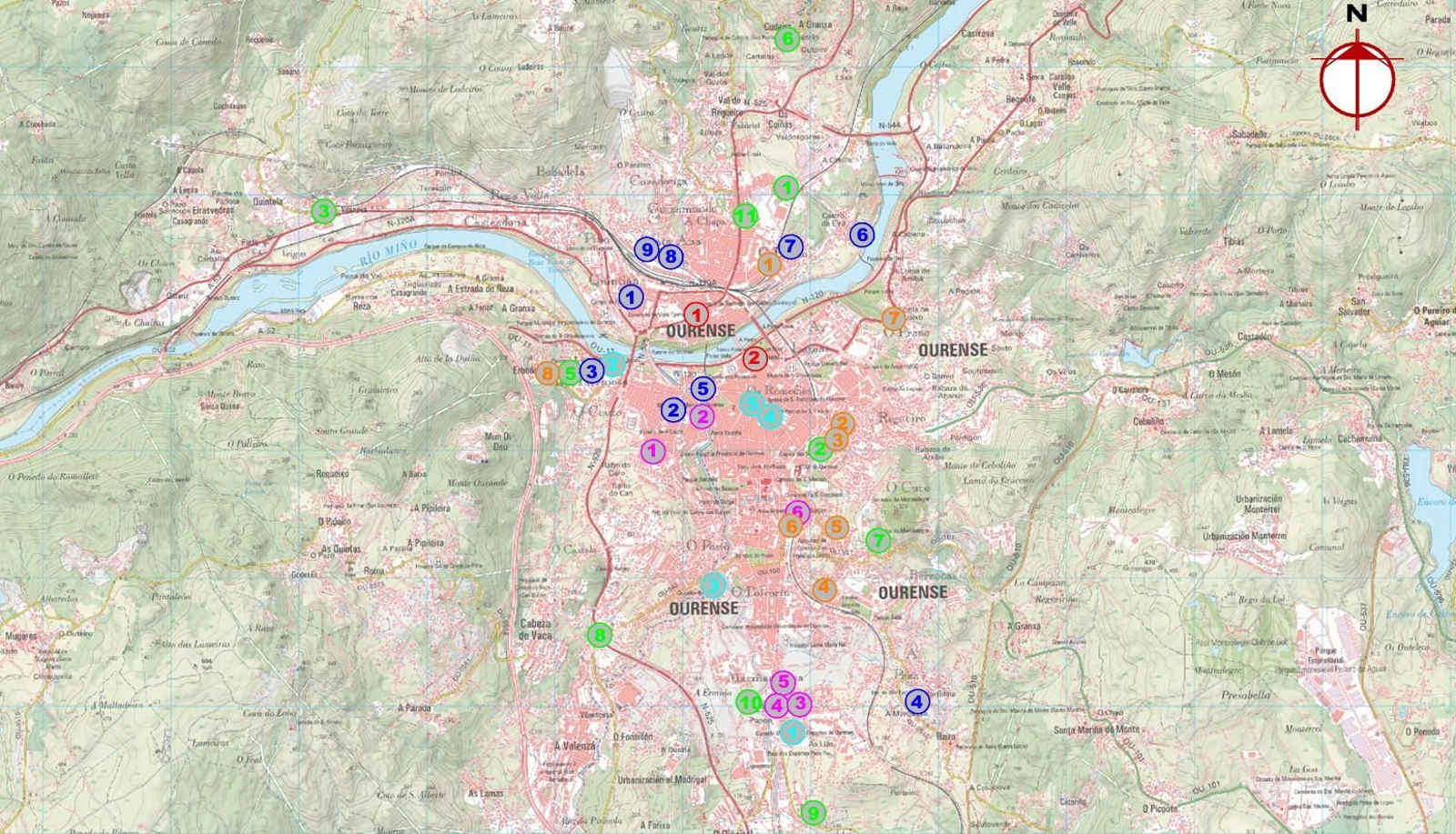 Mapa de los 30 parques infantiles de Ourense que se renovarán.