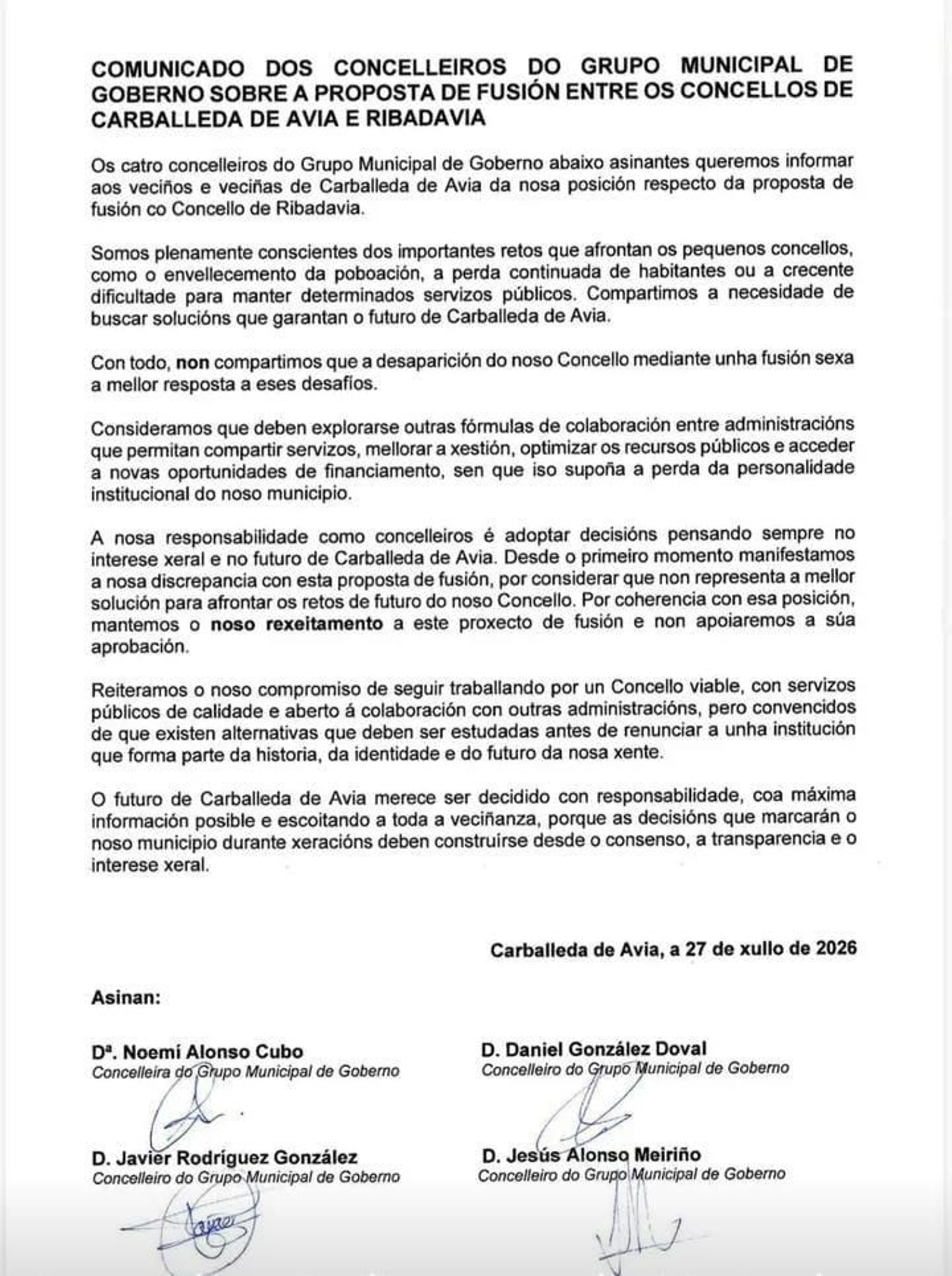El comunicado íntegro de los concejales sobre la fusión de Carballeda de Avia y Ribadavia.