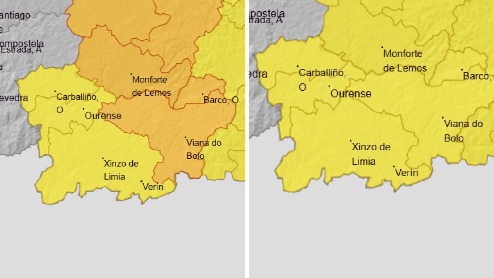 La alerta por tormentas a la izquierda, y la alerta por lluvias en derecha