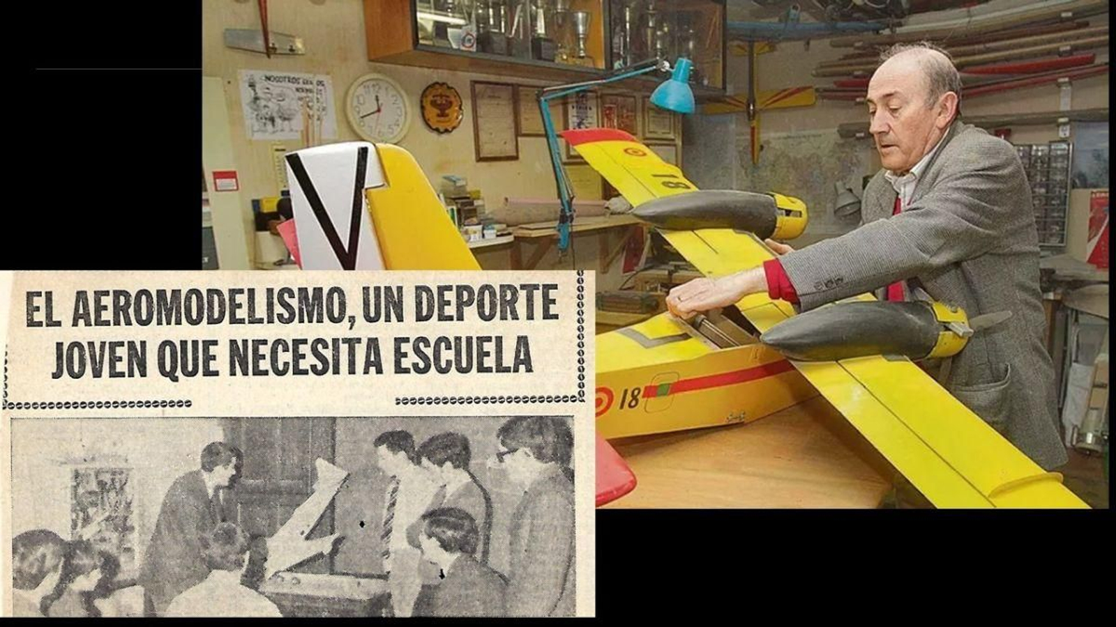 Siota en un recorrte de prensa sobre aeromodelismo y en su taller manipulando una de sus creaciones.