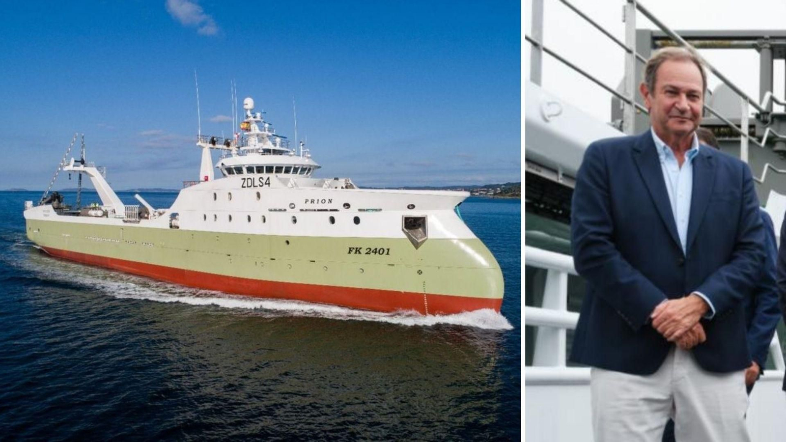 El buque congelador “Prión” es el último que incorporó Pescapuerta en 2024 y se construyó en Nodosa, en Marín. José Puerta es el presidente de Pescapuerta.