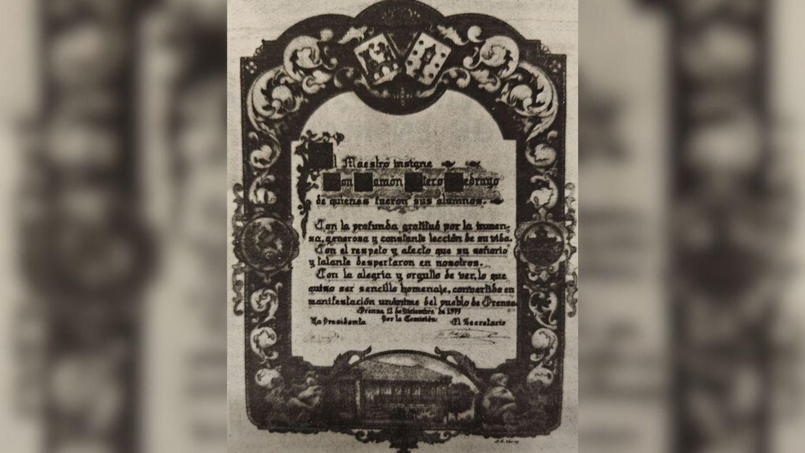 Pergamino del homenaje a don Ramón Otero Pedrayo.