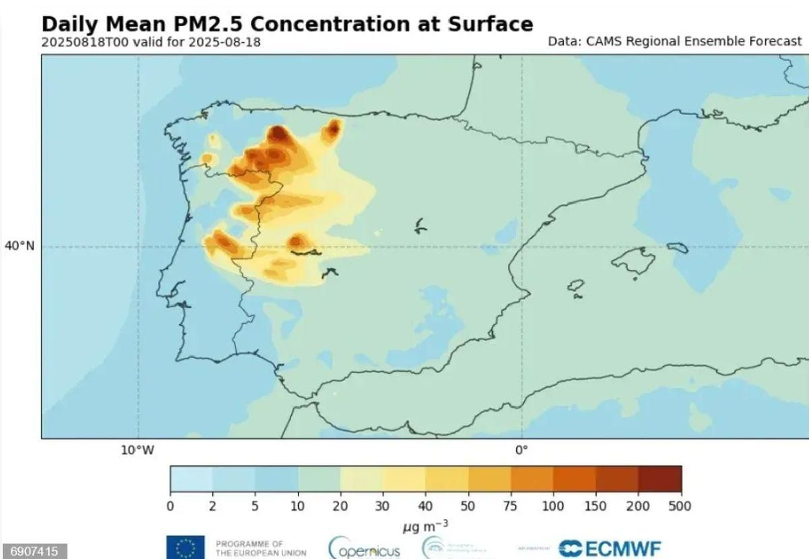 Copernicus muestra las concentraciones por partículas finas por los incendios, en agosto de 2025.