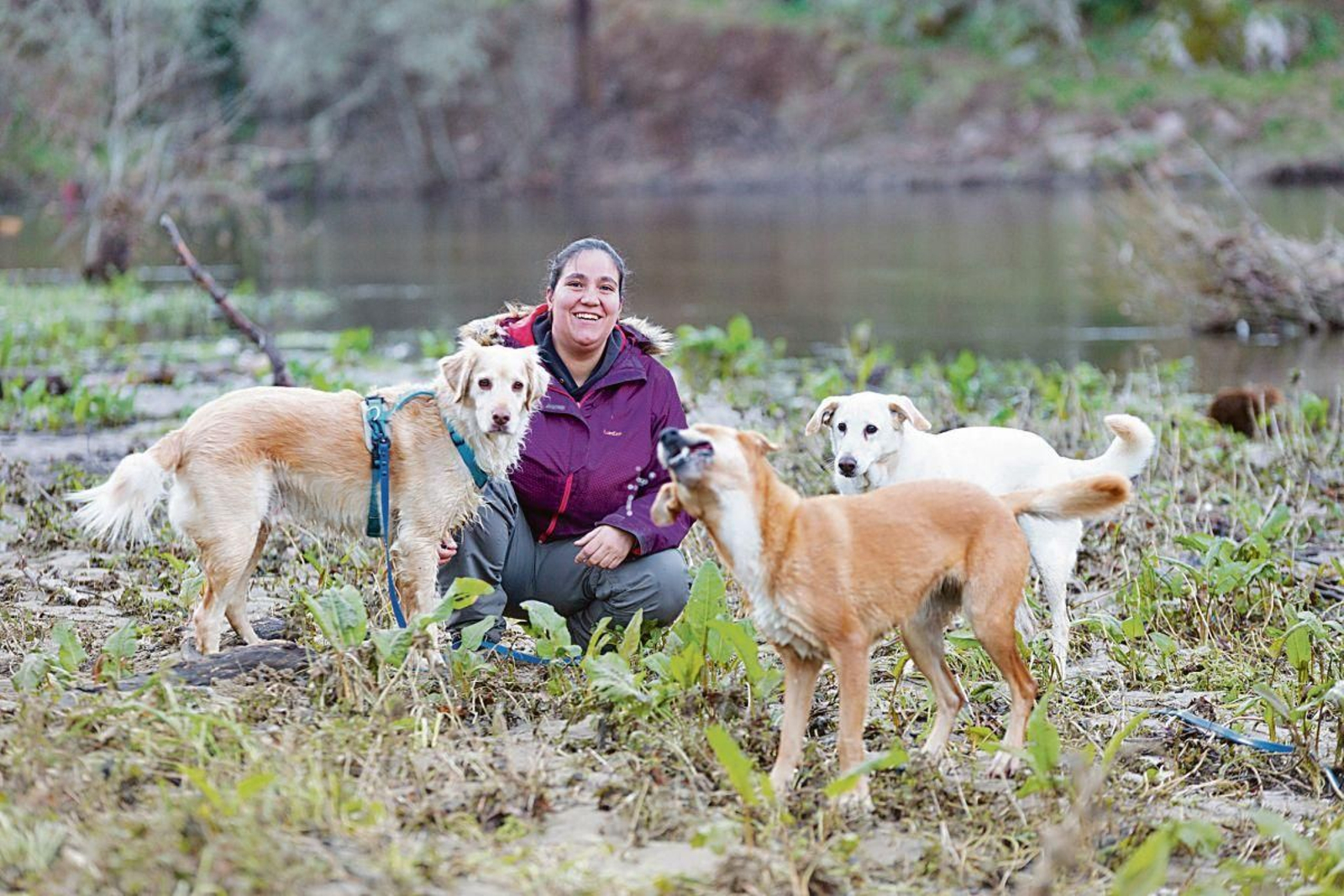 Annabel Ureña junto a sus perros Jon, Astrid y Arya.