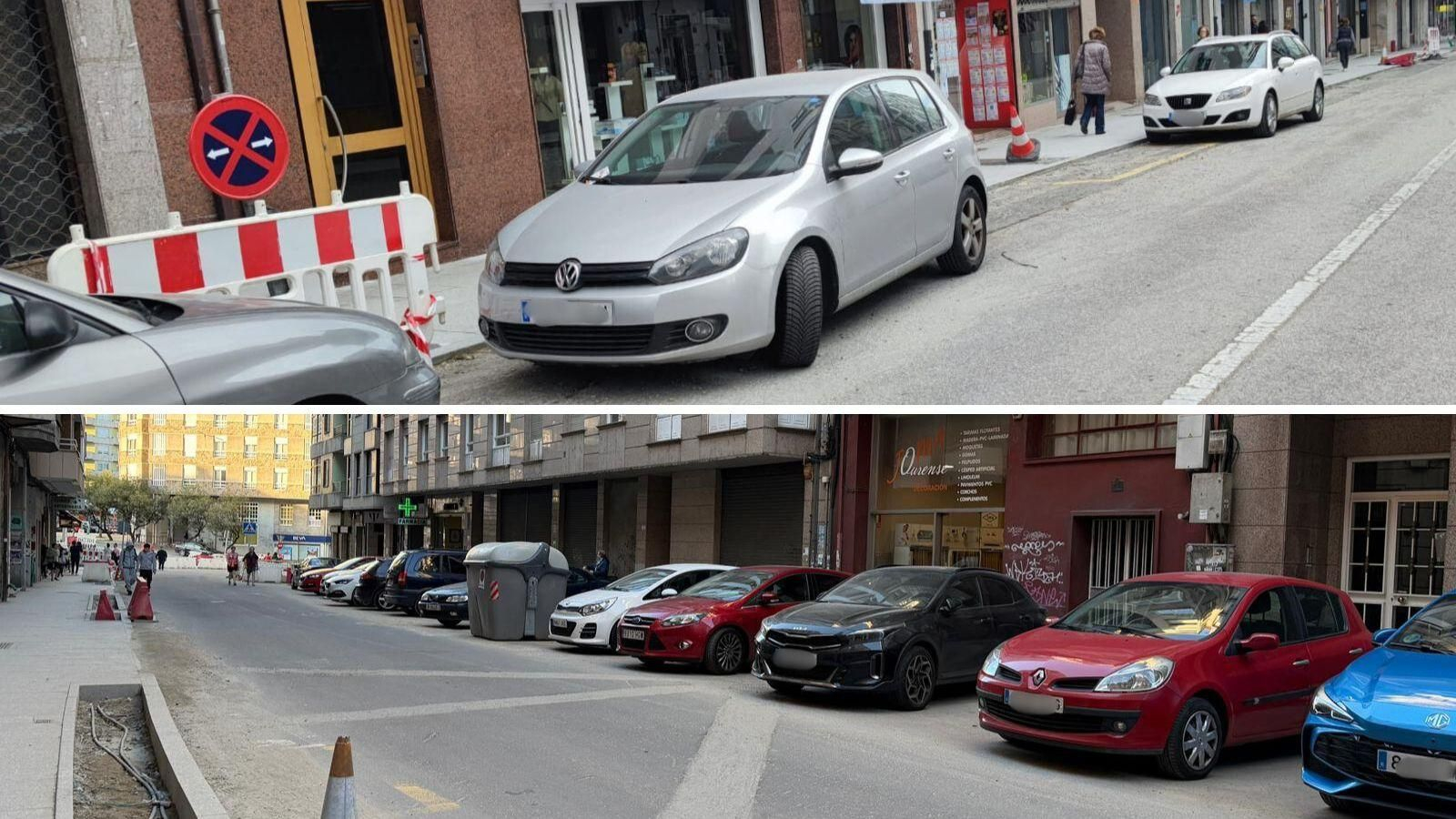 Arriba, varios vehículos aparcados frente a una señal que lo prohíbe. Abajo, una larga fila de coches aparcados en batería en la avenida de Portugal.