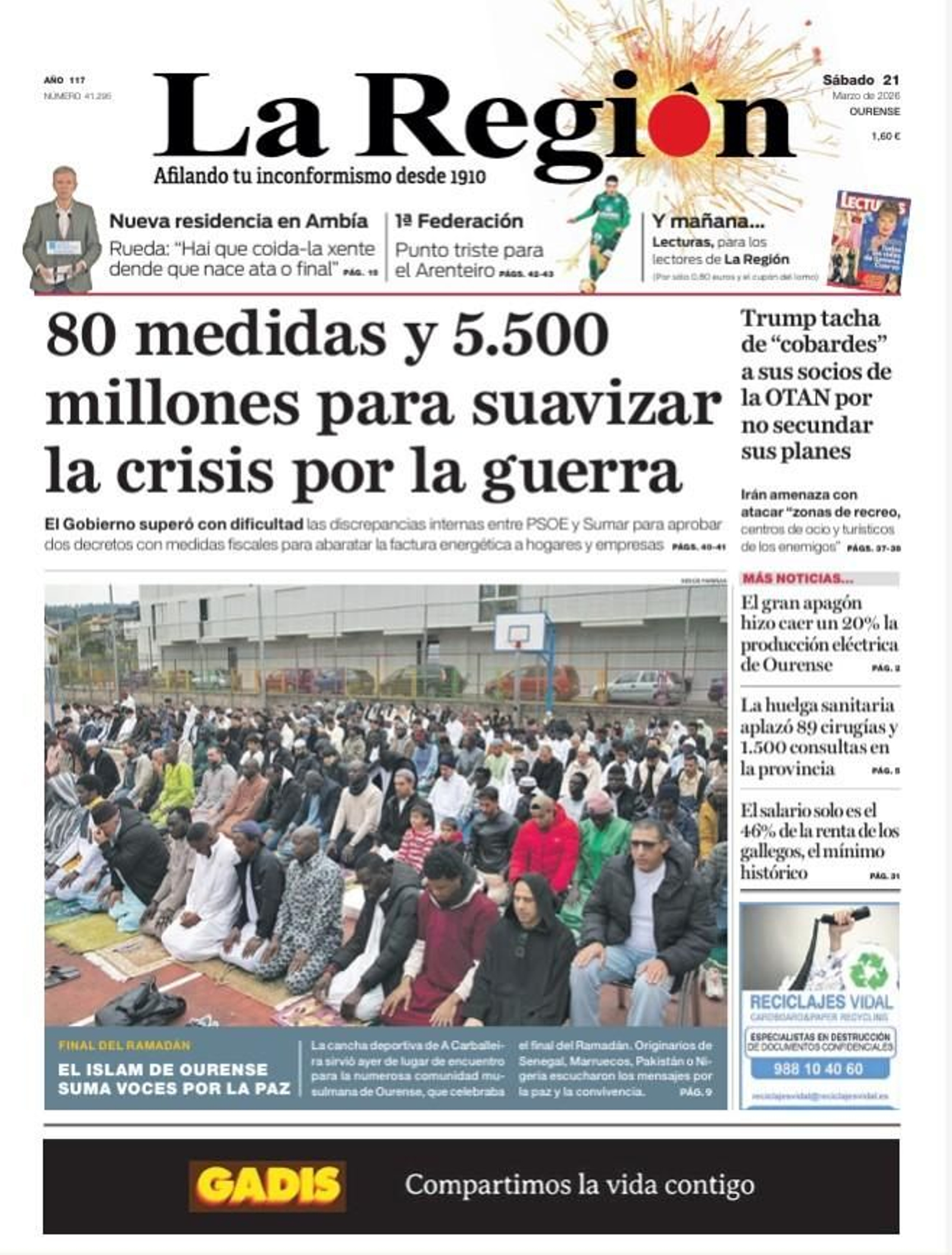 La portada de La Región de este sábado 21 de marzo.