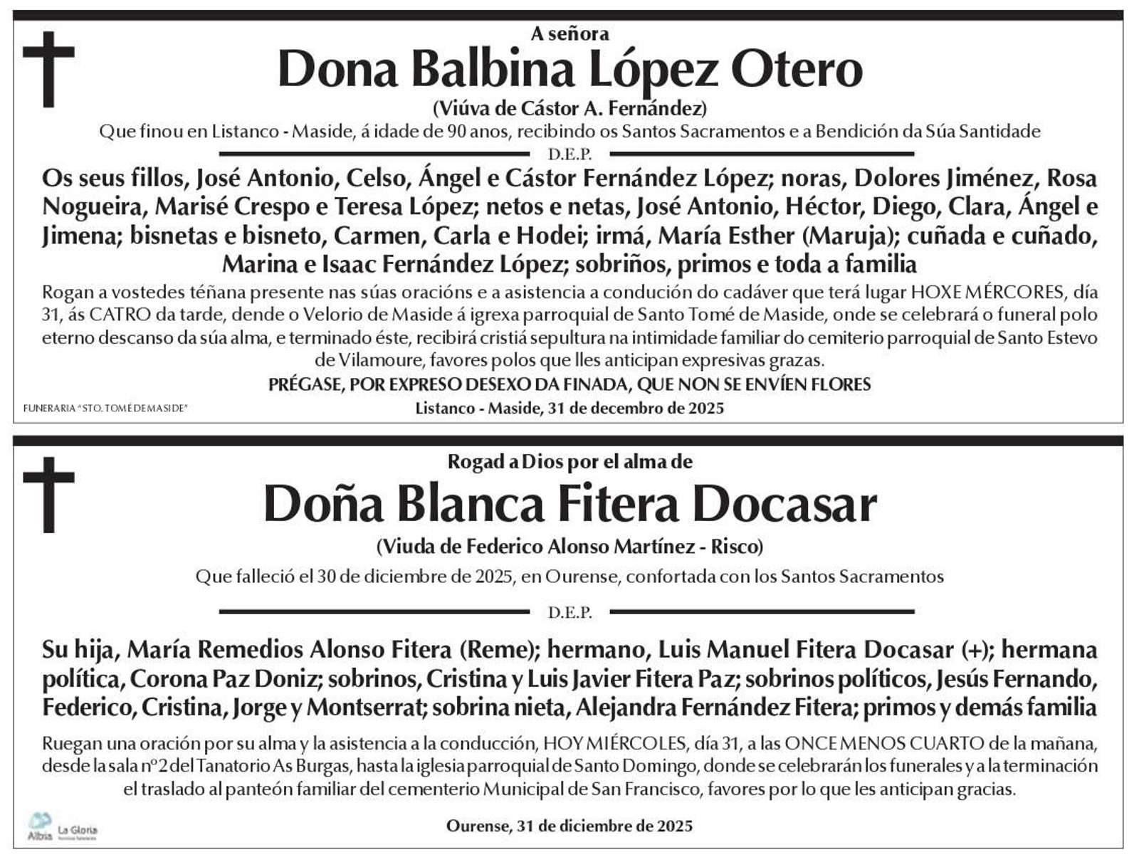 Las esquelas de hoy, miércoles 31 de diciembre