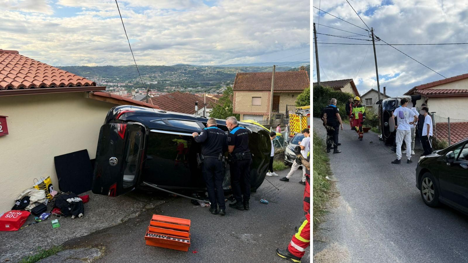Así quedó el coche que volcó en la carretera de subida a Montealegre tras colisionar contra otro vehículo