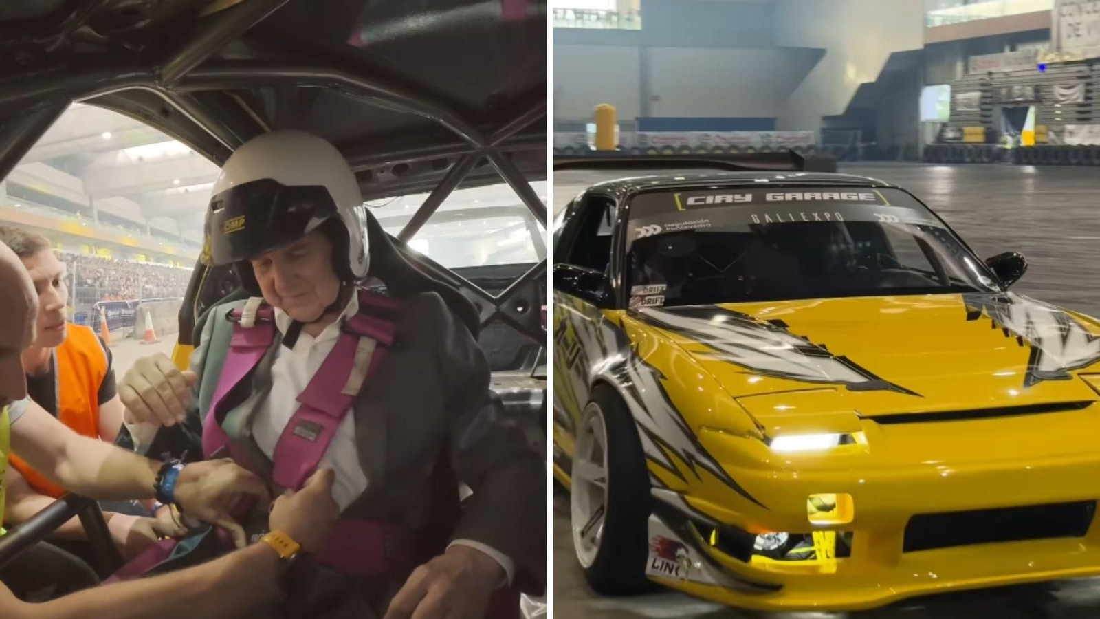 Abel Caballero, montado en un coche de drift.