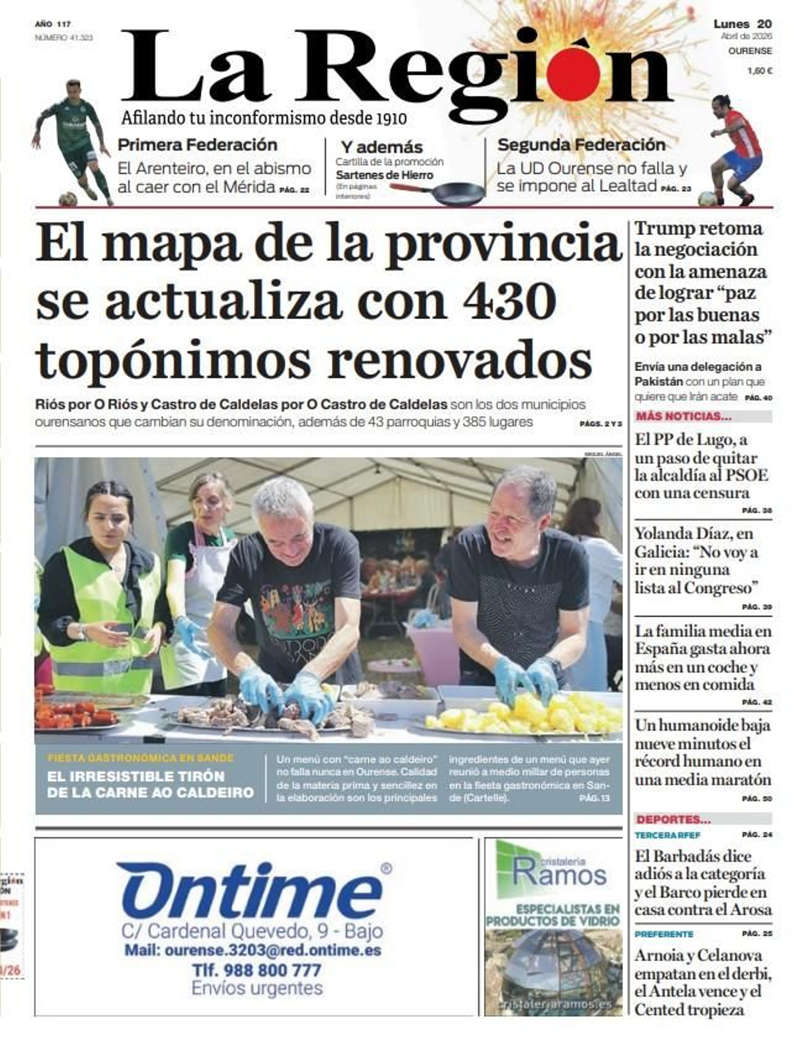 La portada de La Región de este lunes, 20 de abril.