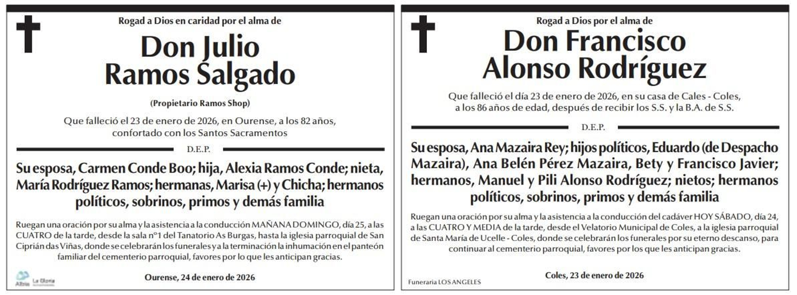 Las esquelas de hoy, sábado 24 de enero.