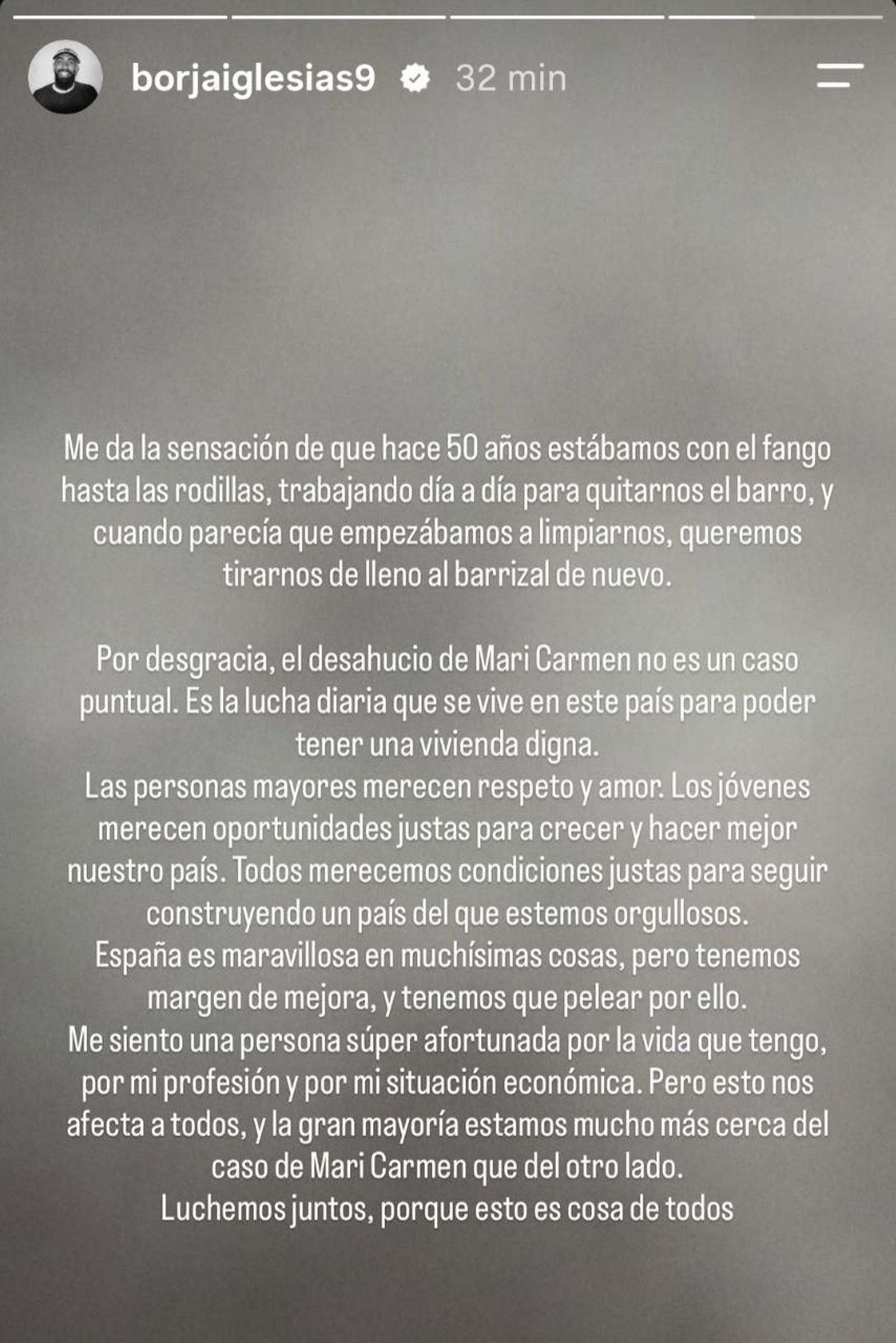 Mensaje compartido por Borja Iglesias sobre el desahucio de Maricarmen.