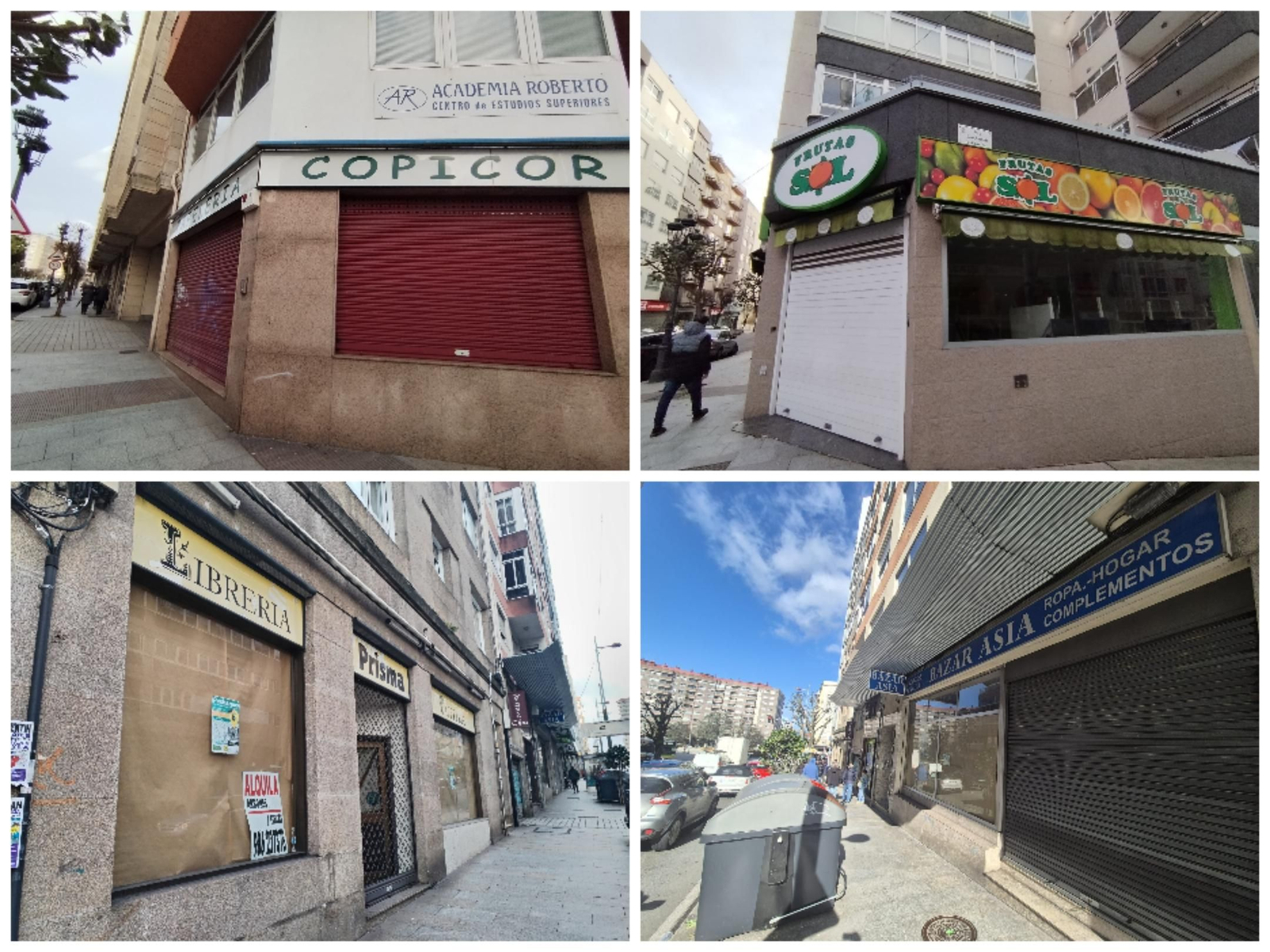 Cuatro negocos que acaban de cerrar. Una copistería y una frutería en Torrecedeira y una librería y un bazar oriental en la calle Coruña.