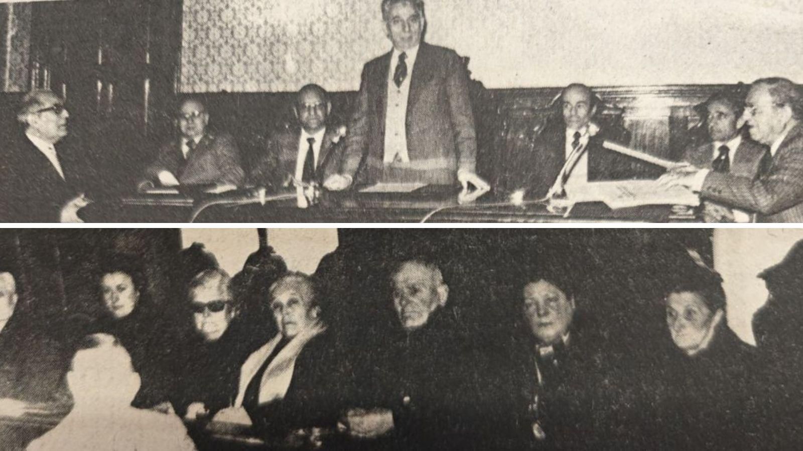 Arriba: El señor Llobell Muedra durante su intervención. / Abajo: Jubilados y pensionistas esperando a recibir el aguinaldo de 1975.