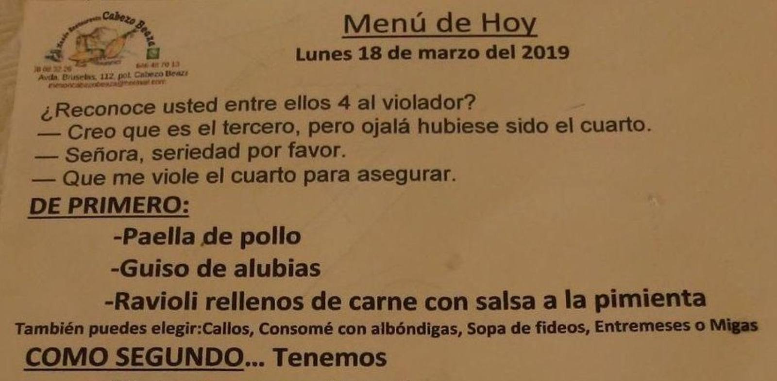 El chiste que puso en un menú el restaurante Mesón Cabezo Beaza.