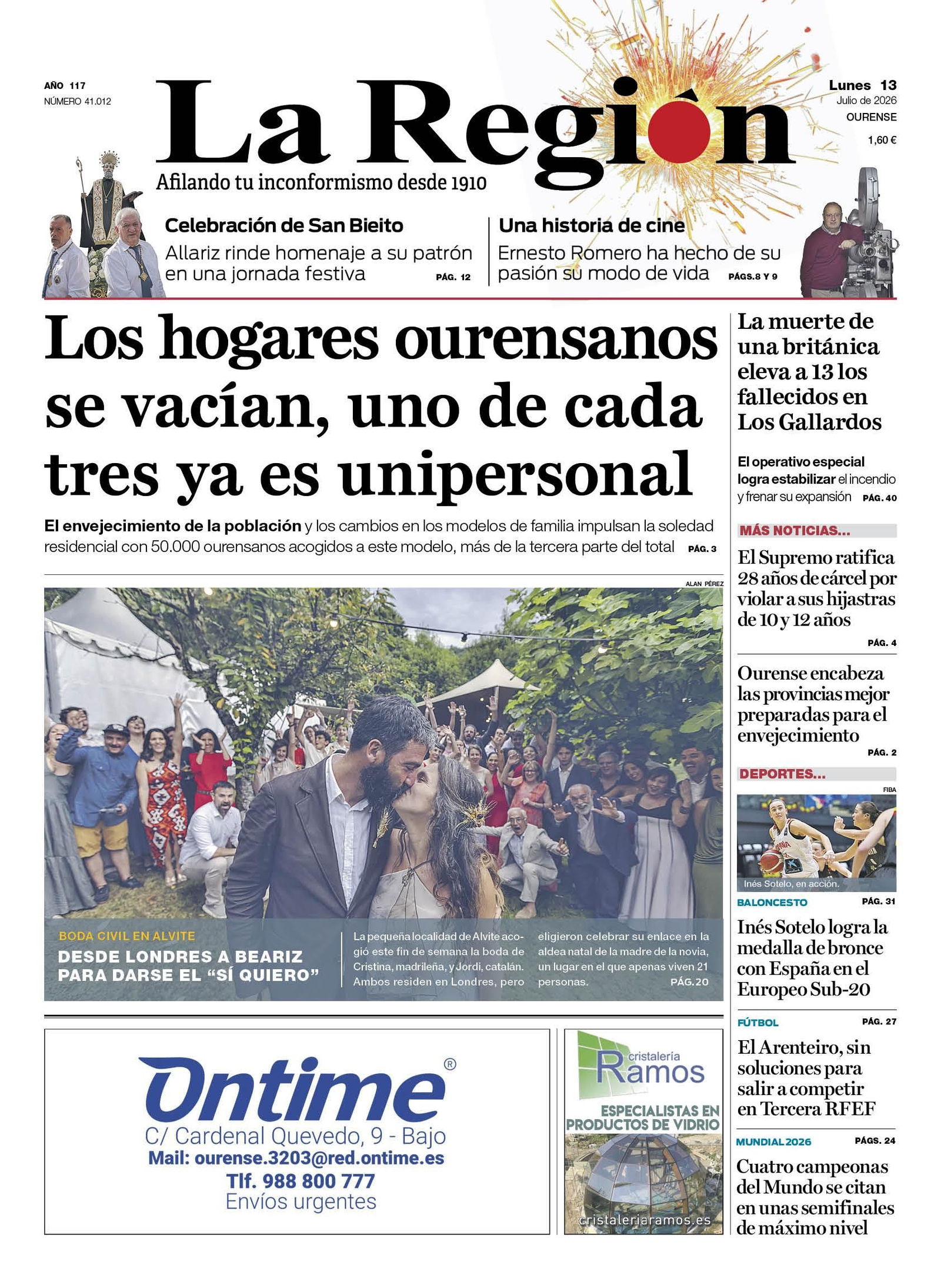 La portada de La Región de este lunes, 13 de julio.