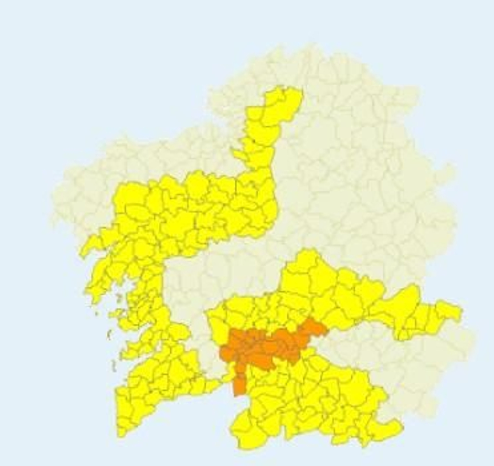 El mapa de Galicia donde se registran alertas amarillas y naranjas por el calor en la comunidad autónoma este sábado, 5 de septiembre.