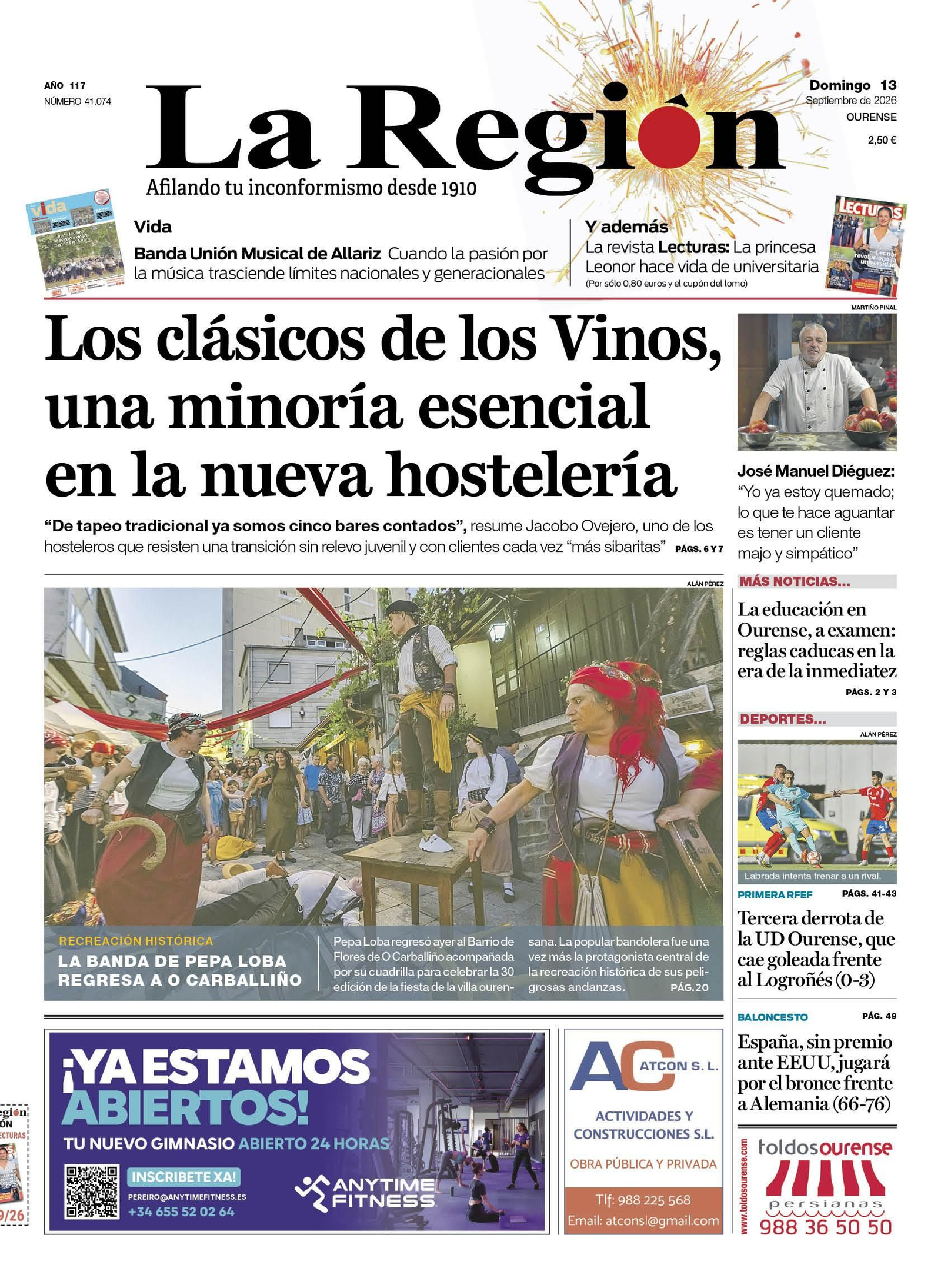La portada de La Región de este domingo, 13 de septiembre.