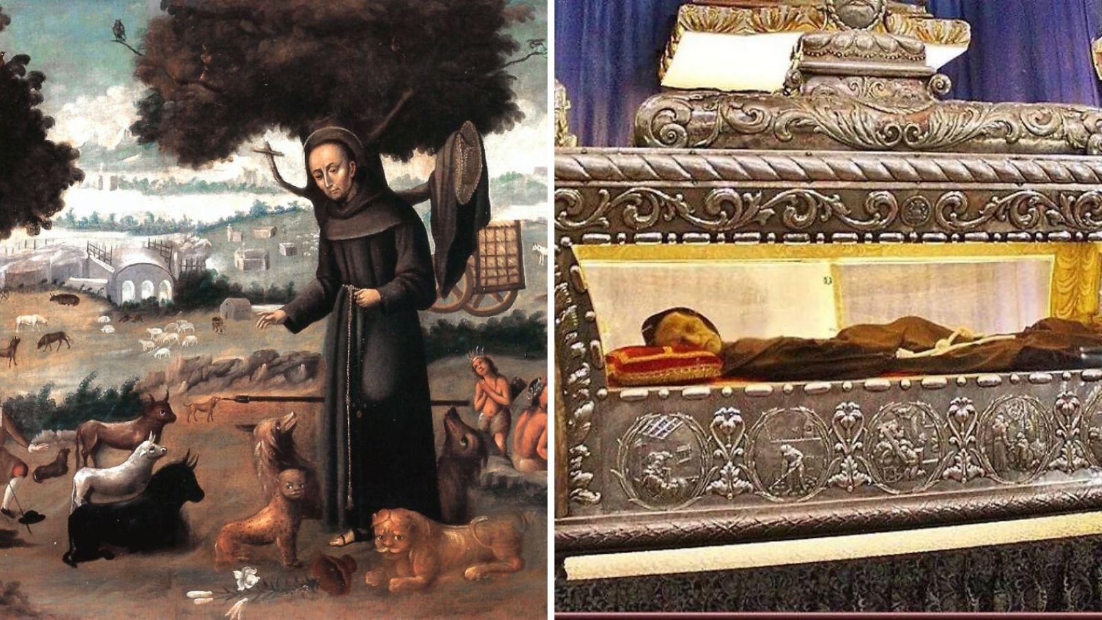 Imaxe do beato coas carretas e os animais de tiro, e a urna co seu corpo.