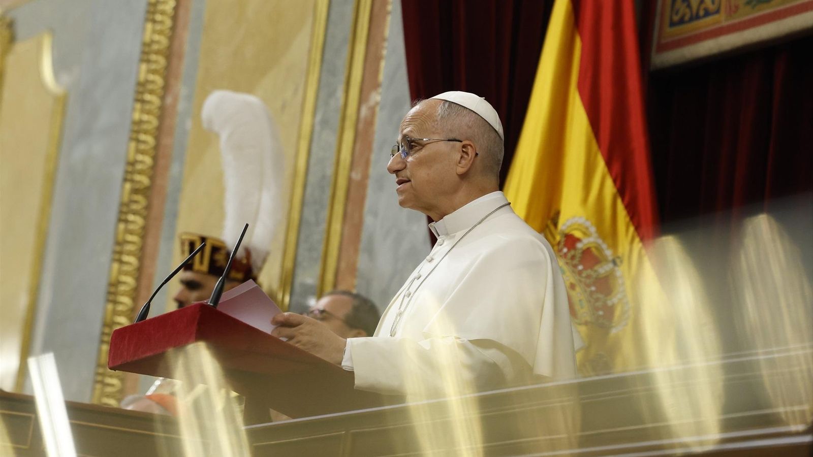 El papa León XIV durante su intervención en el Congreso de los Diputados.