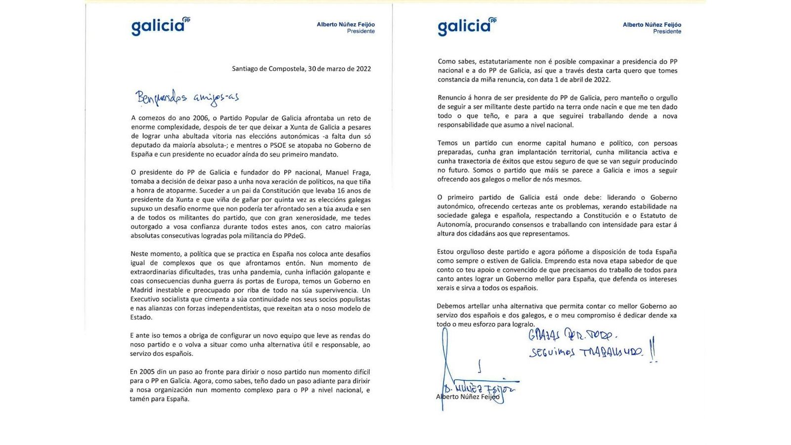 La carta de Feijóo a los militantes del PP gallego.