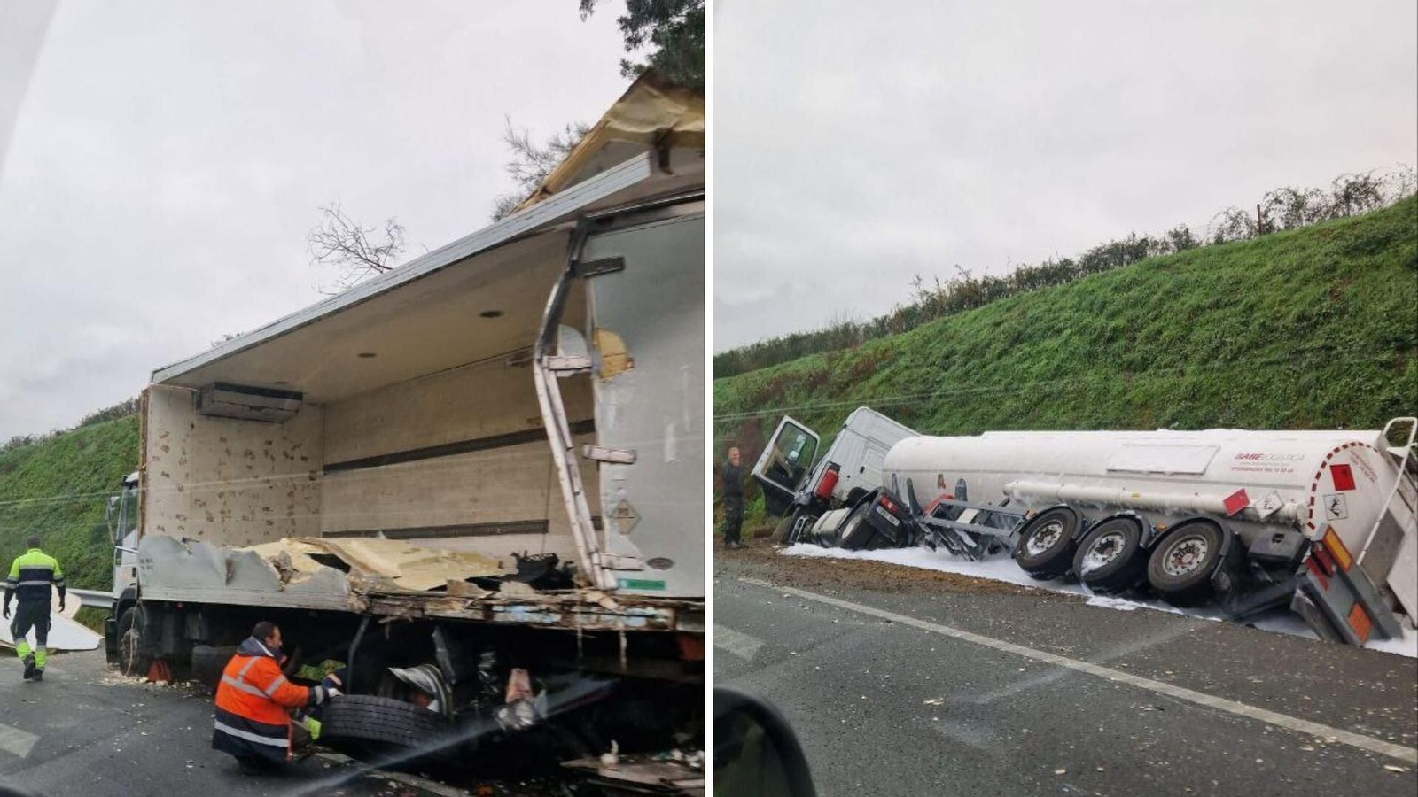Los dos camiones implicados en el accidente en la AP-9. // Ángel González