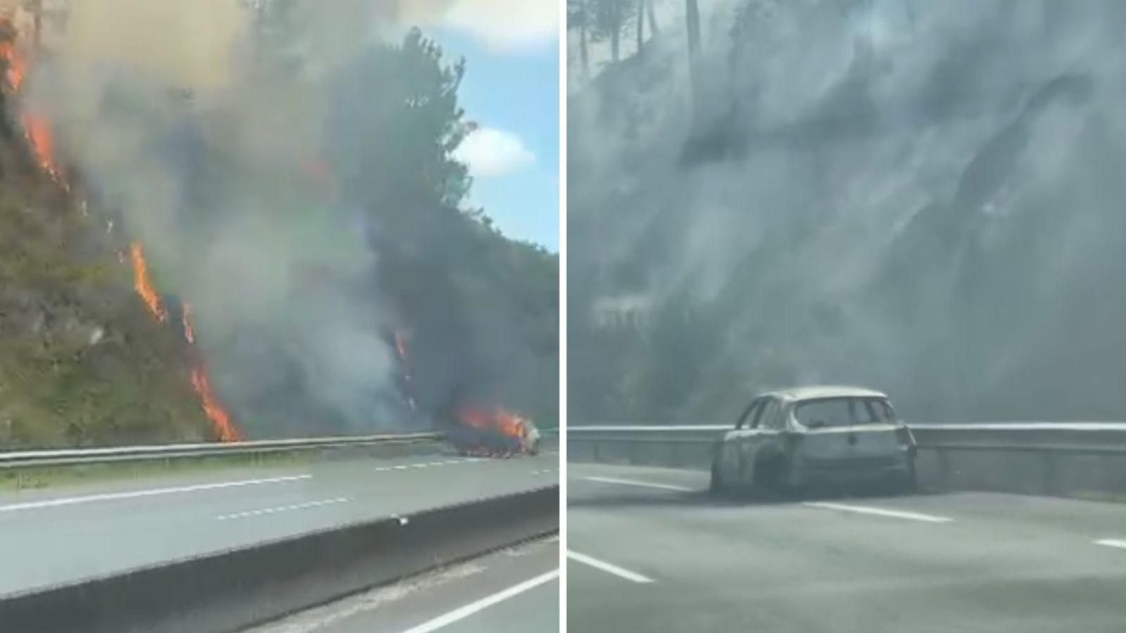 Imagen del incendio provocado por el coche en la AP-9