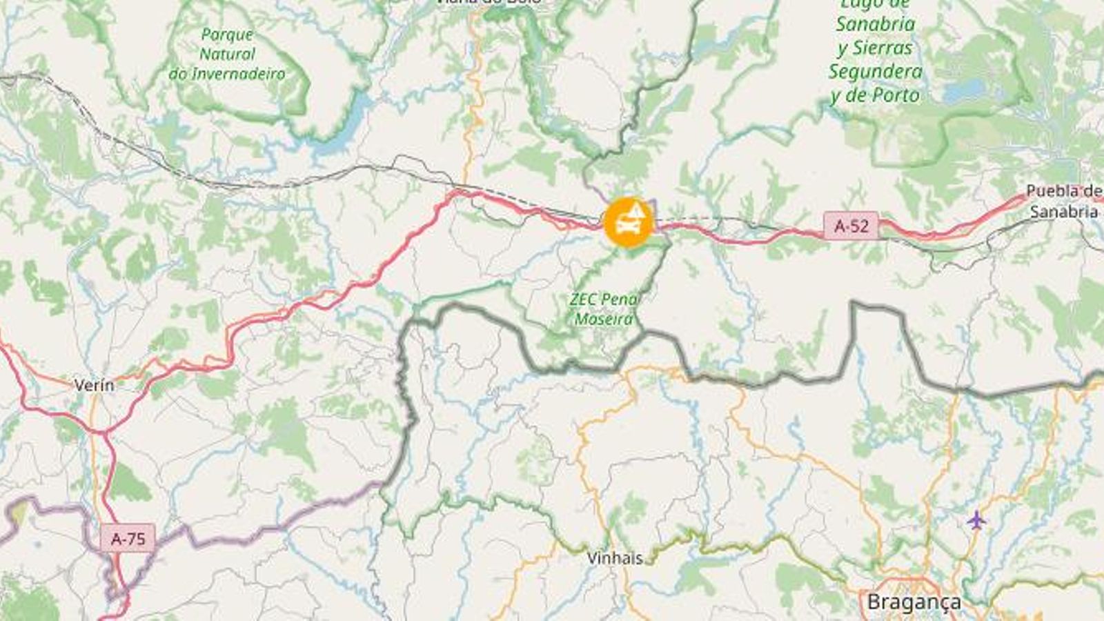Ubicación del accidente de tráfico múltiple en la A-52