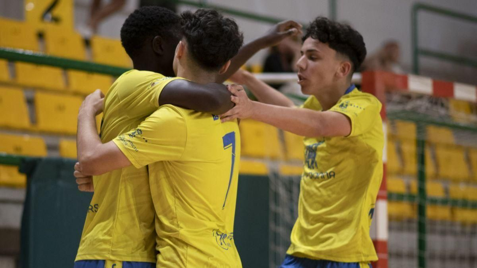Los cadetes del Academia Futsal celebran un gol en el Pazo.