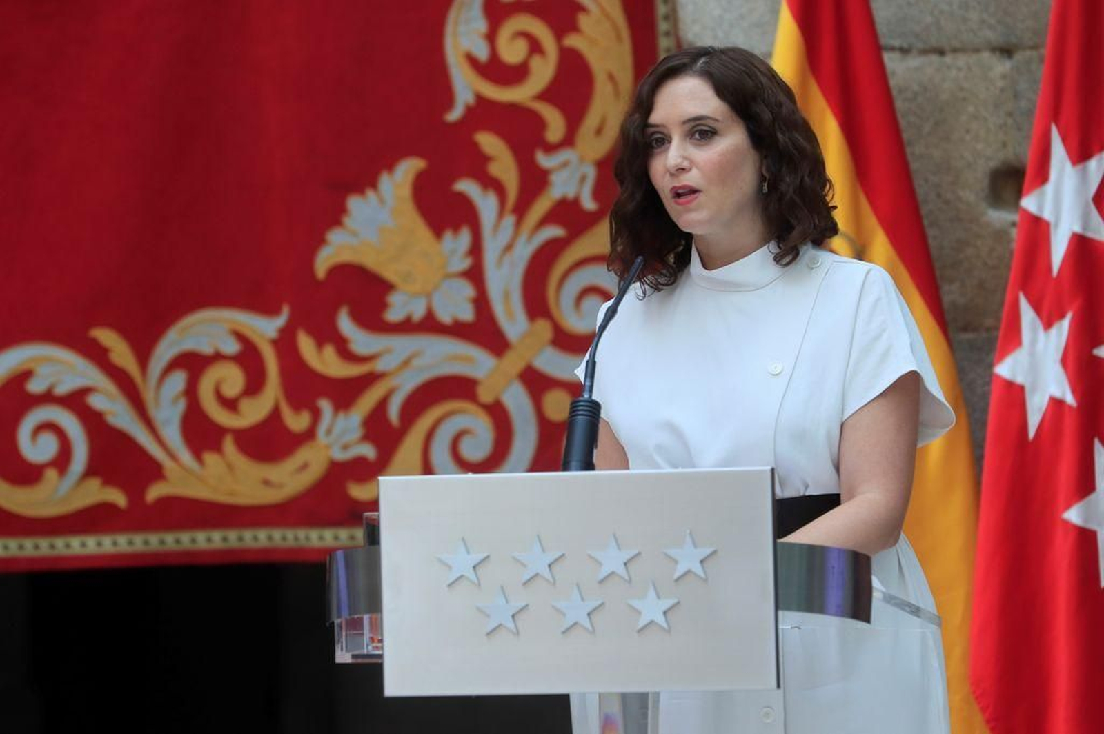 La presidenta de la Comunidad de Madrid, Isabel Díaz Ayuso, en su comparecencia de ayer.